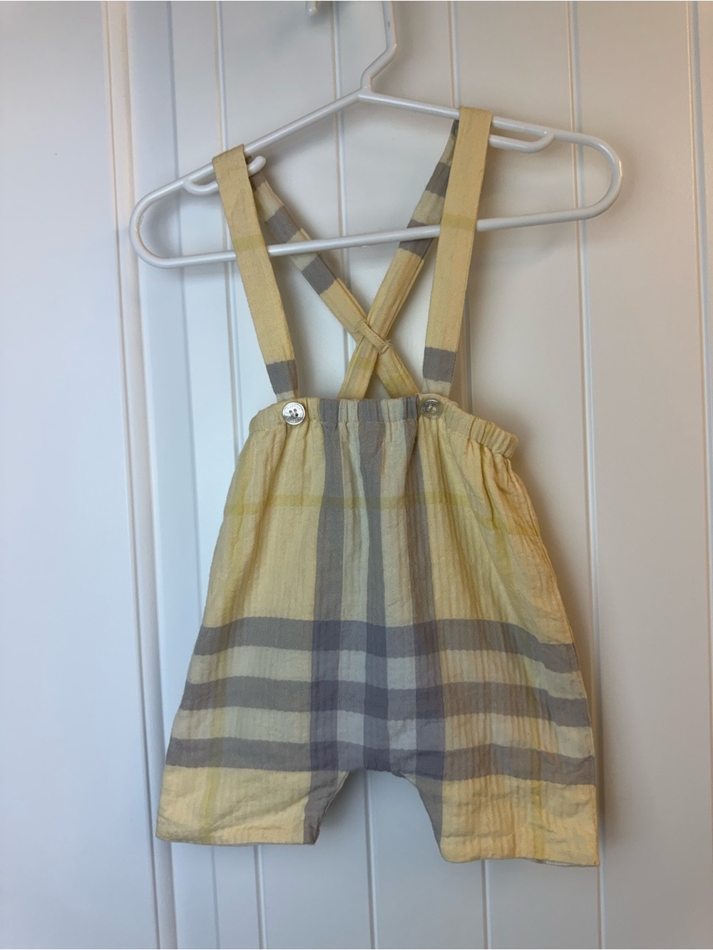 Burberry Yellow & Gray Plaid Kids Suspender Shorts sz 3m